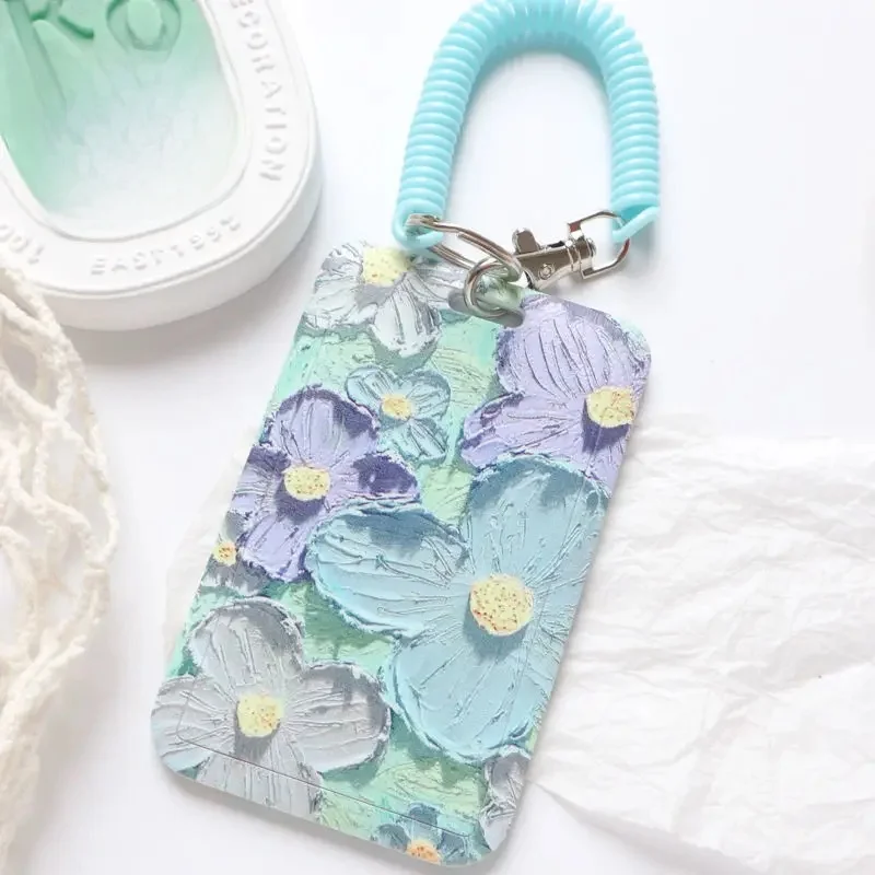 Porte-carte d'identité en plastique dur, papeterie scolaire, fleurs, étui pour carte d'identité, porte-badge Anti-perte, lanières à ressort, étiquette de Badge, fonctionne