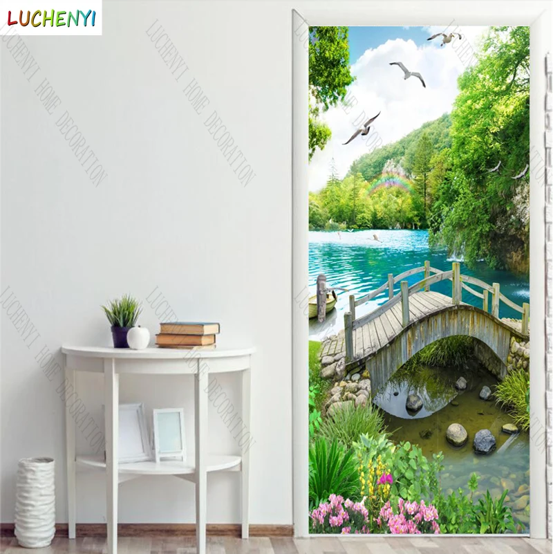 Papel de parede bridge seagull rainbow lake water pattern landscape door sticker bedroom door wallpaper mural , home decoration