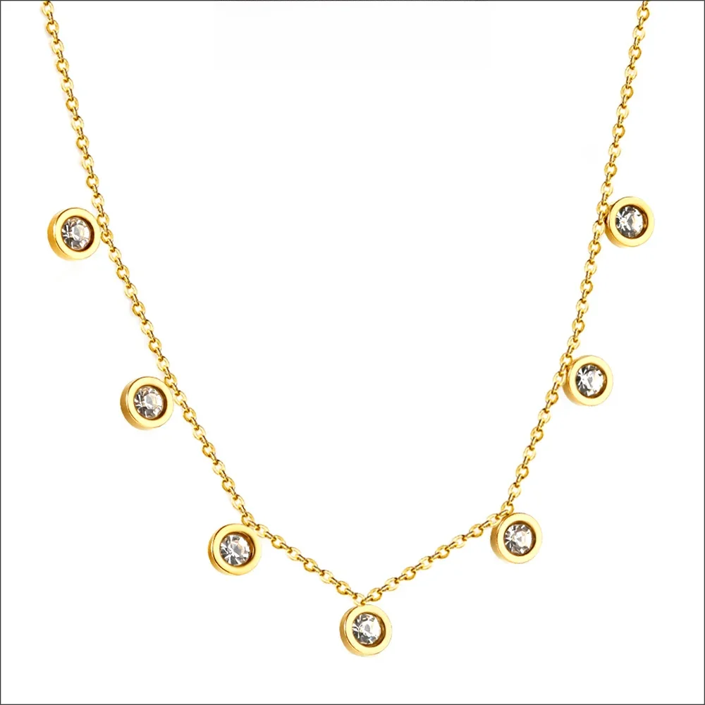 LUXUSTEEL Chic 7-kamieniowy okrągły kryształowy wisiorek z cyrkonią naszyjnik dla kobiet Rolo Link Chain Choker ze stali nierdzewnej luksusowa biżuteria — zdjęcie 2