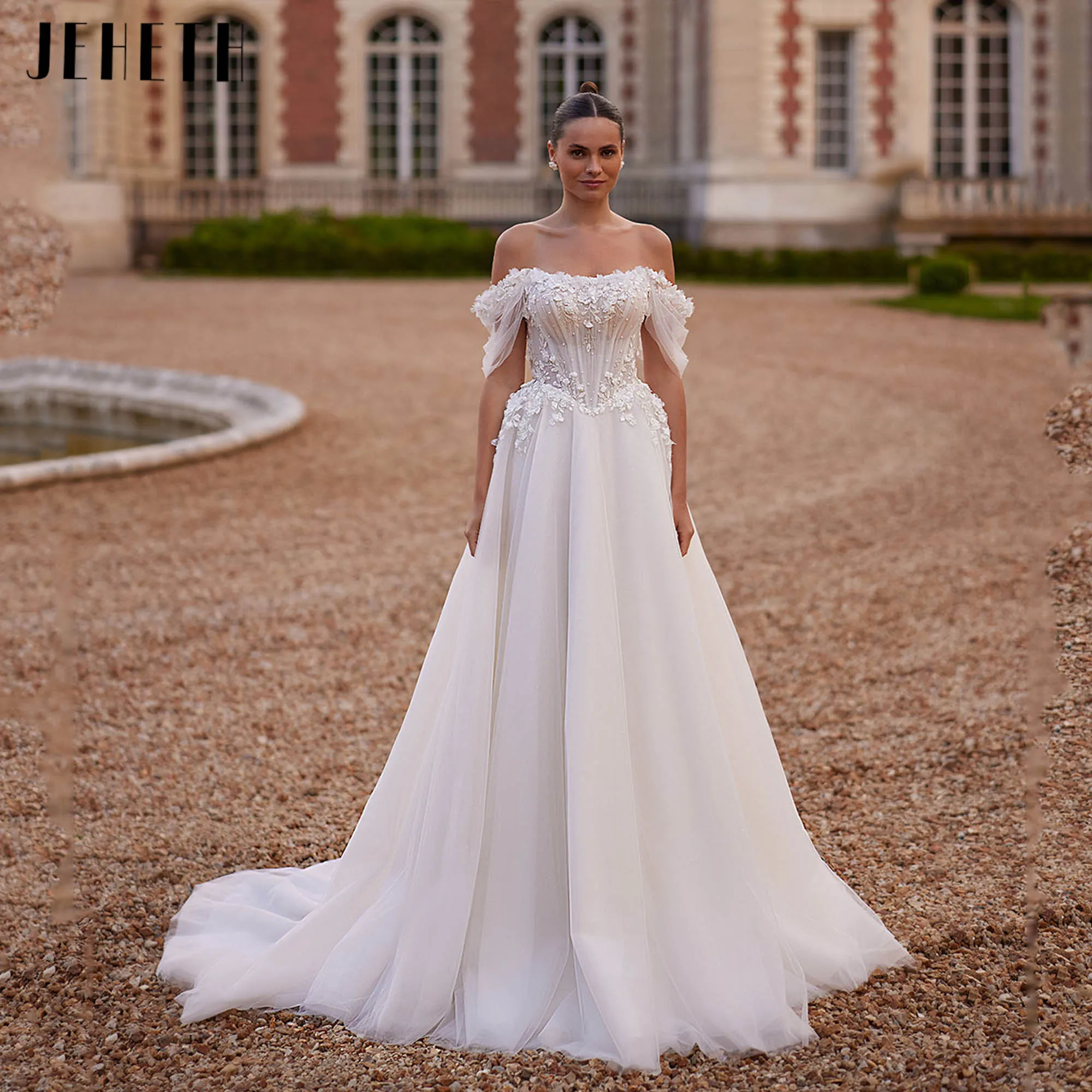 

JEHETH Romantic A-line Tulle Wedding Dress Off Shoulder Floral Appliques Bride Gown Elegant Backless vestido de novia Customized