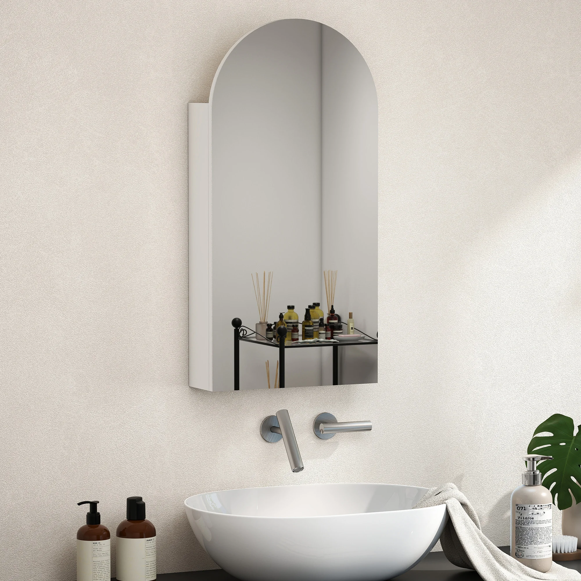 Bogenförmiger Rahmenloser Badezimmerspiegel Wandschrank Weißer Wandschrank mit Verstellbaren Glasregalen Wandmontierter Feuchtigkeitsbeständiger Organizer für Toilette Duschraum Kosmetik