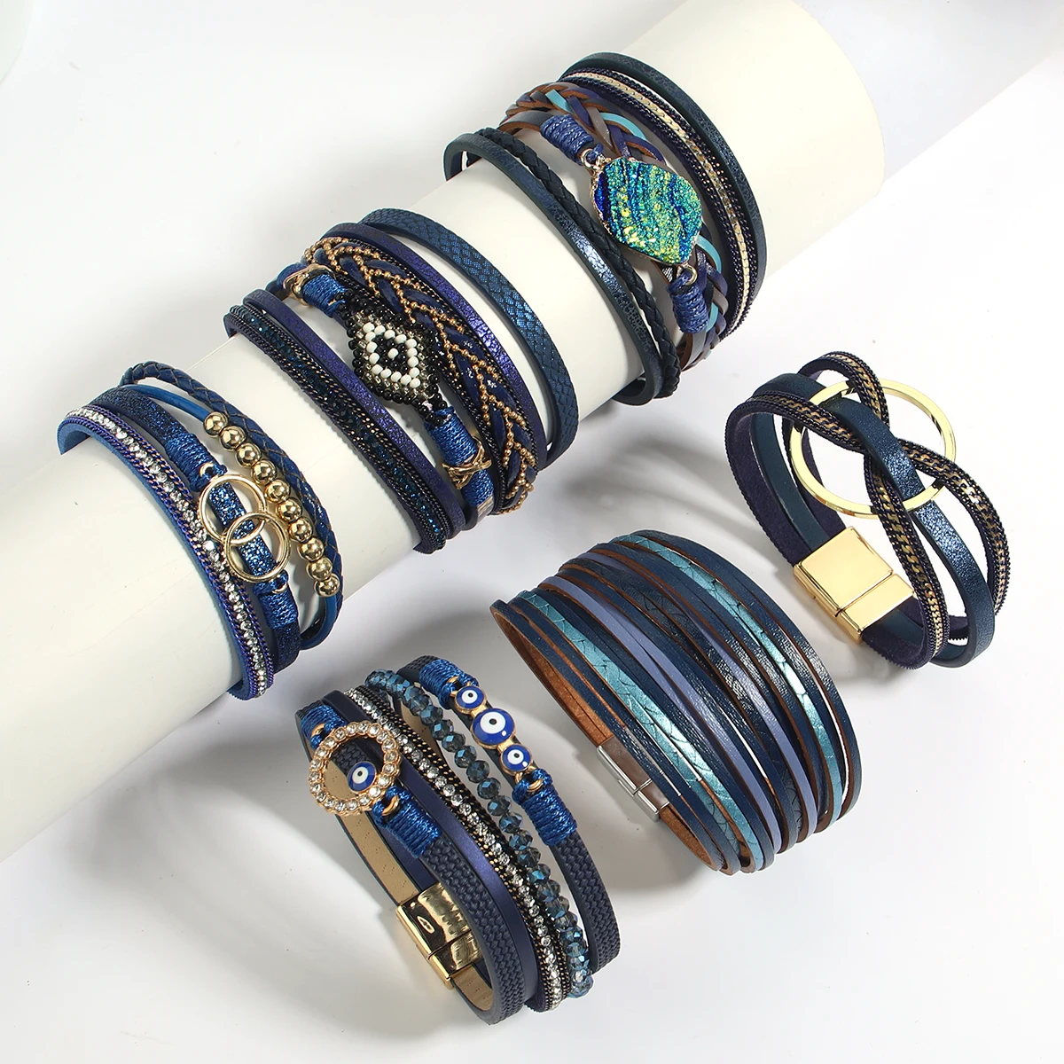 ALLYES Bohemian Blue Multilayer Winding Leather Bracelet for Women Men Heart Tree Pearl Natural Stone Wrist Bracelets & Bangles