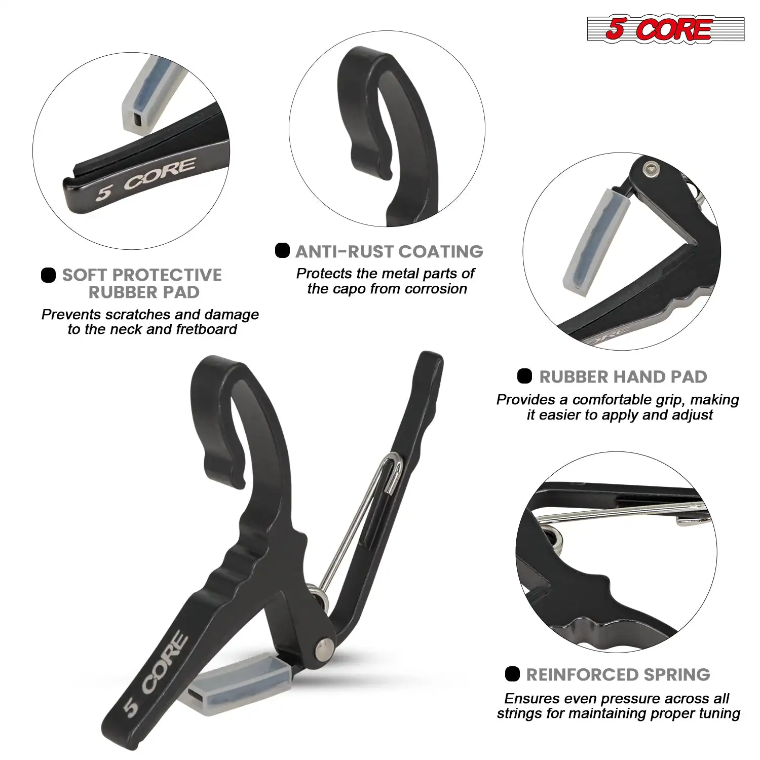 Klips do gitary akustycznej elektrycznej 5Core Capo + 6 szt. kostek gitarowych celuloidowych + torba do przenoszenia CAPO AL BLK