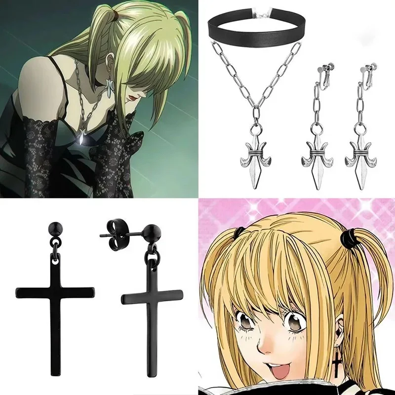 Boucles d'oreilles Cosplay Anime Misa Amane pour femmes, Y2K, croix gothique, Clip d'oreille et pendentif, collier, accessoires de Costumes d'halloween