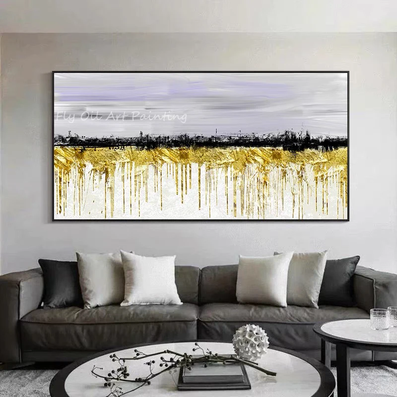 100% Handmade gold foil luxury landscape picture grey canvas thick grey canvas Oil Painting Porch Aisle Decoration gift