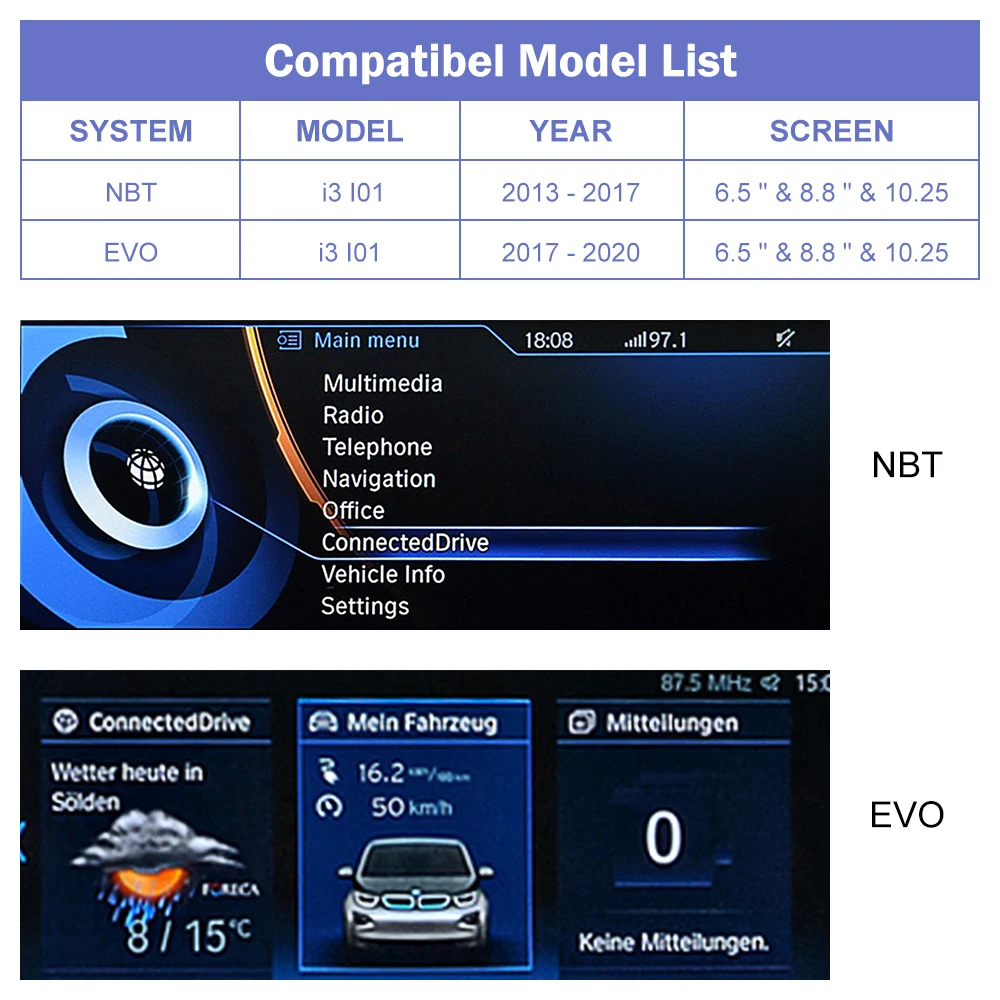 Silnice nejvyšší bezdrátový Carplay pro BMW i3 I01 NBT, EVO systém 2013-2020, s Android auto zrcadlo objímka airplay auto hráč kamera výhled