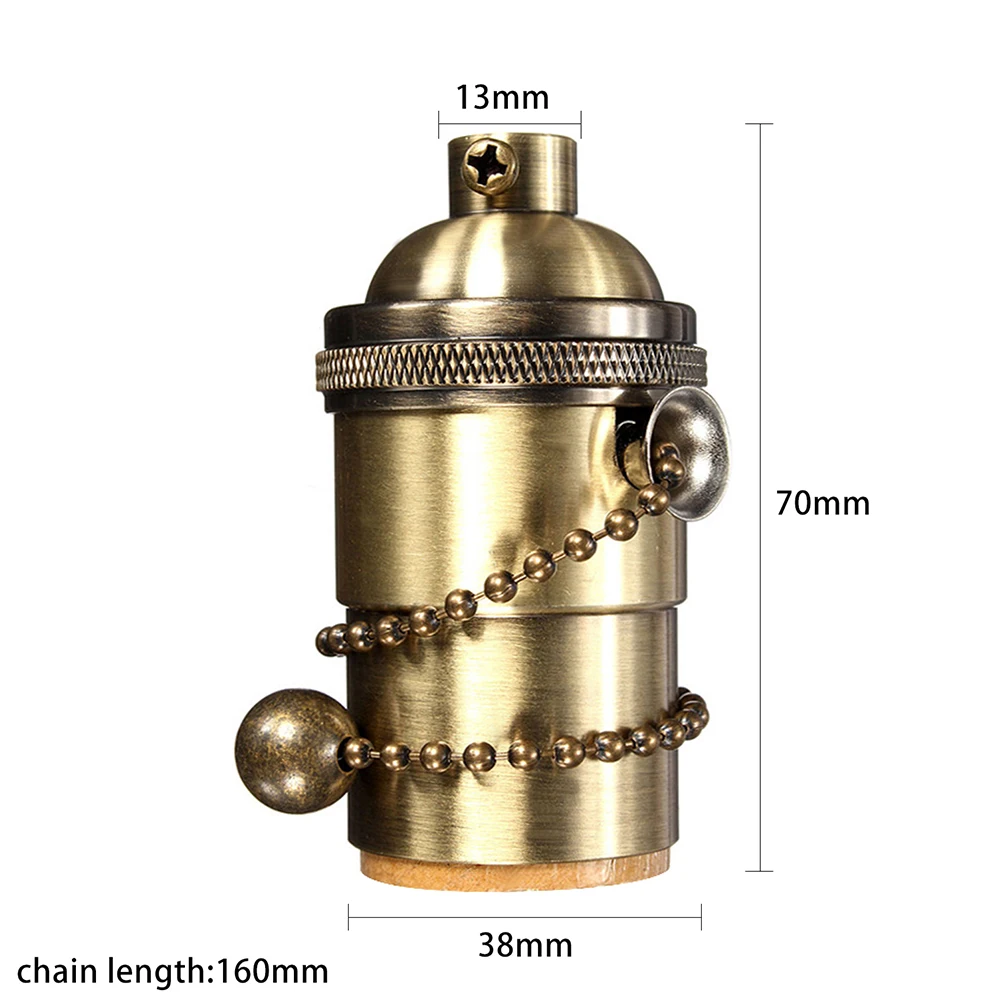 2pcs Retro Lamp Base Brass E27 With Chain Switch E26 Lamp Holder Metal Shell DIY Industrial Pendant Antique Copper Bulbs Sockets