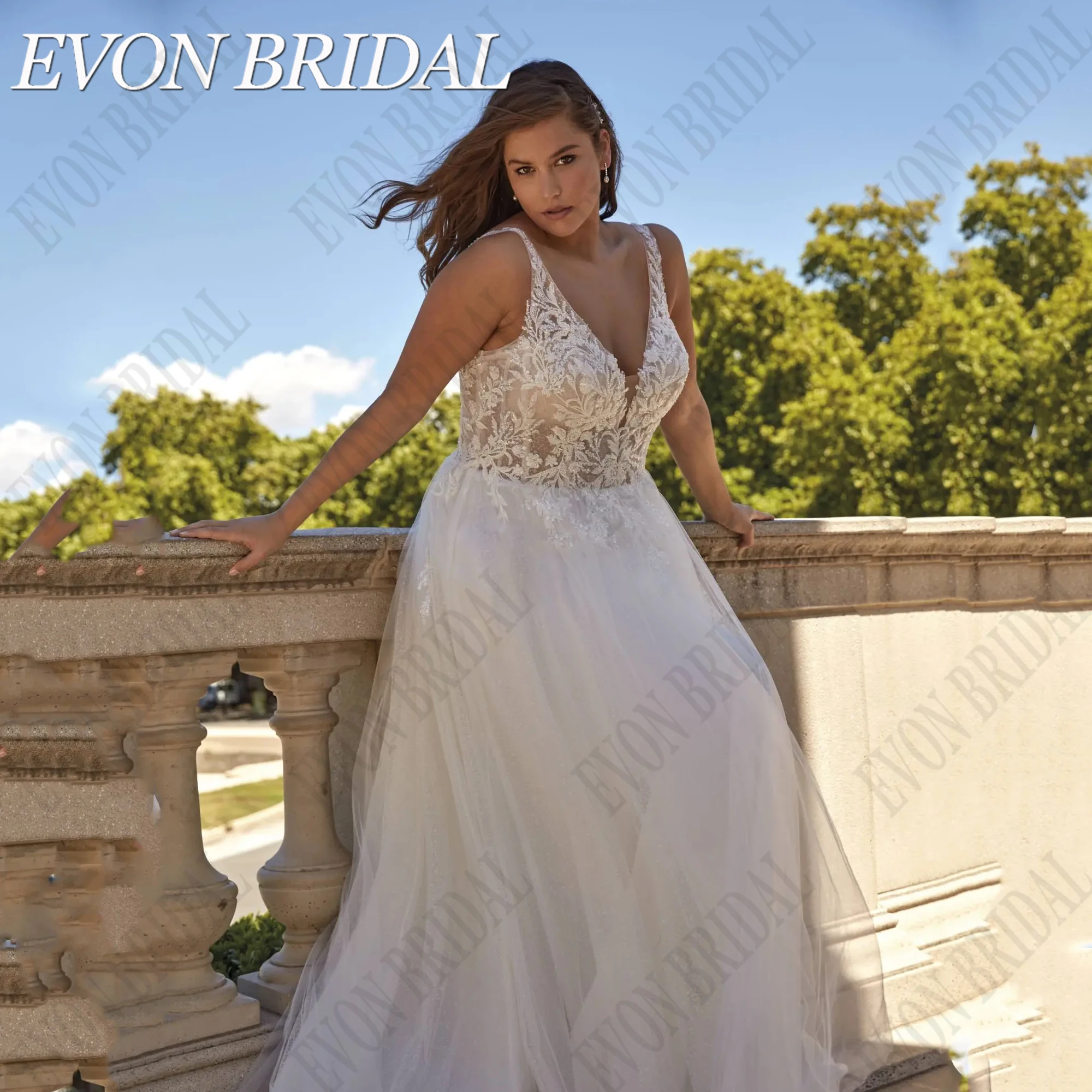 EVON BRIDAL Sparkling Boho Wedding Gowns Plus Size Woman V-Neck Applique Backless A-Line Custom Glitter Tulle Bride Dress 2024