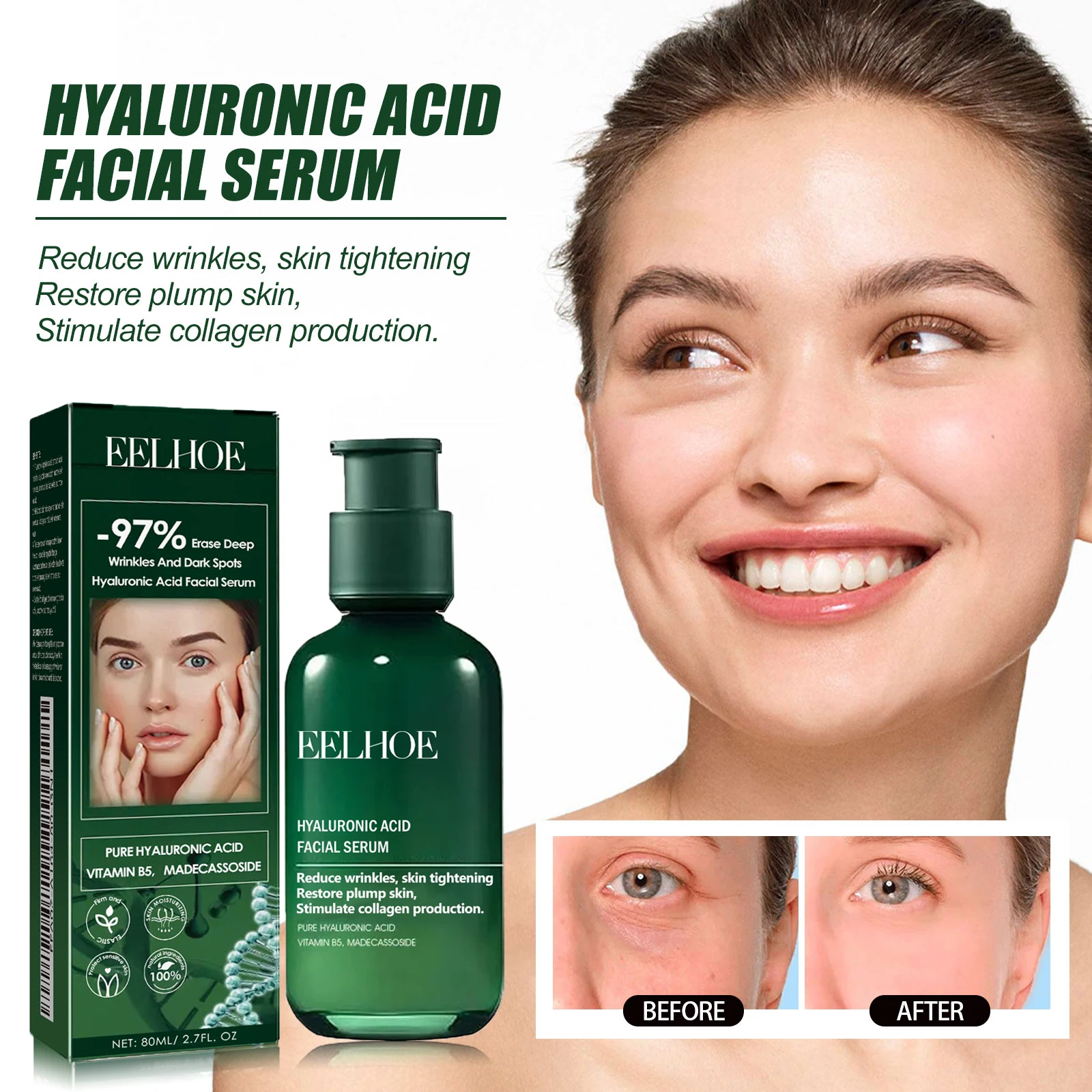

EELHOE Hyaluronic Acid Facial Serum Lift and Tighten Facial Skin Fade Fine Lines and Wrinkles Moisturize and Moisturize Essence