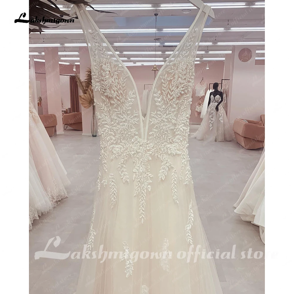 Lakshmigown-vestido de novia de Apliques de encaje con cuello en V, traje de boda de lujo, corte de sin mangas, abierto hacia atrás, traje de novia hecho a medida