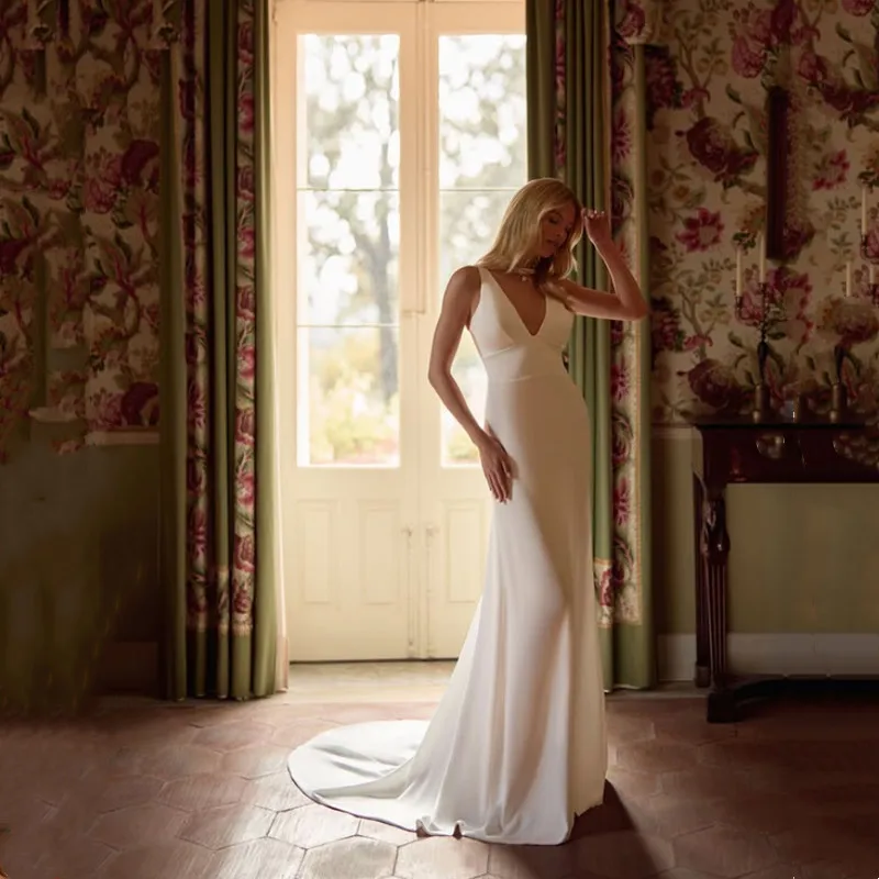 

Customized Simple Mermaid Ivory Wedding Dress Boho Spaghetti Straps Illusion Open Back Pleat Button Sexy Deep V-Neck Long Train