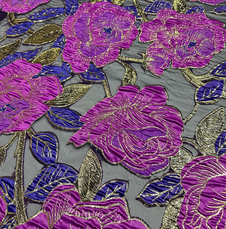

Latest purple Floral Embroidery damask brocade Jacquard African Fabric 5 yards high quality 2025 for elegant long evening dress