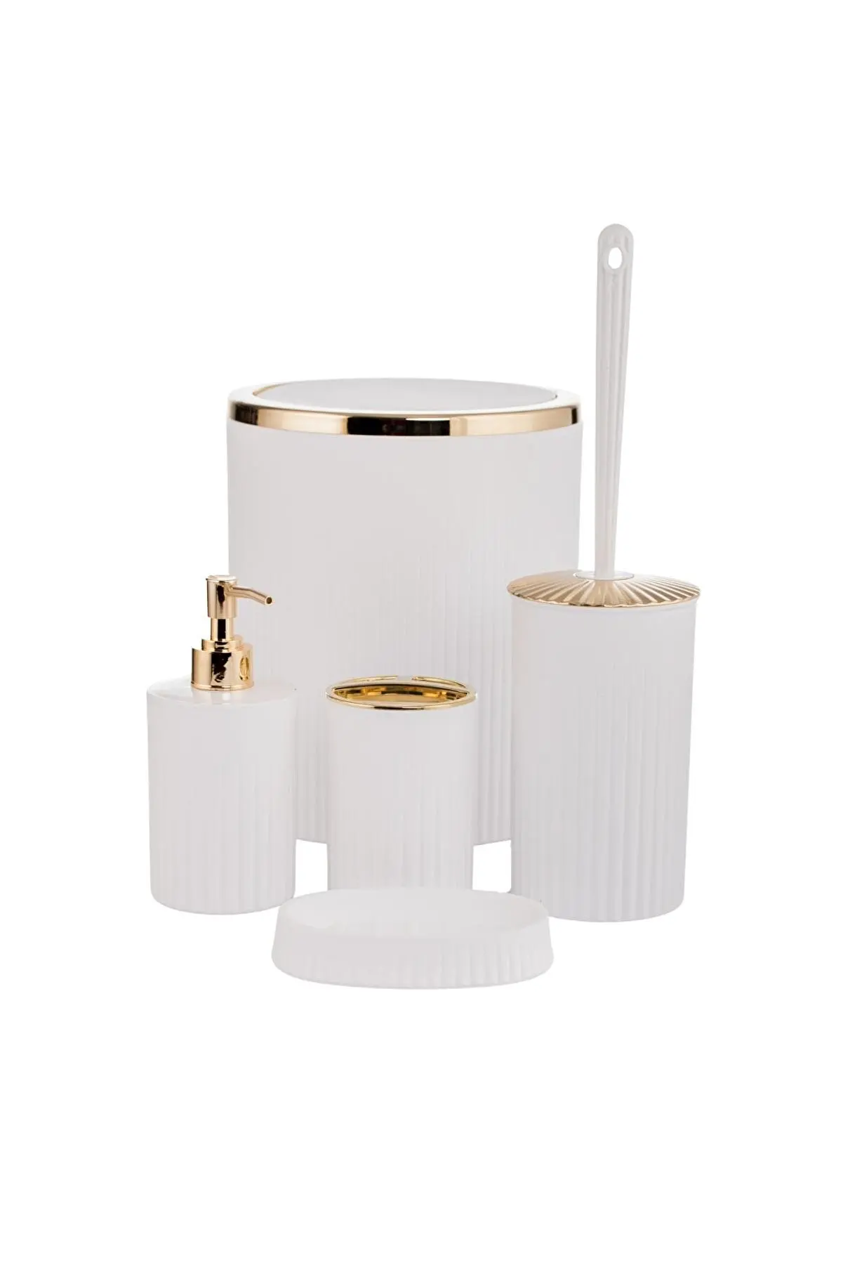 5 Pieces Cream Lined Gold Plated Round 5 Piece Luxury Bathroom Set Home Decoration Hard Plastic Material Unbreakable Durable