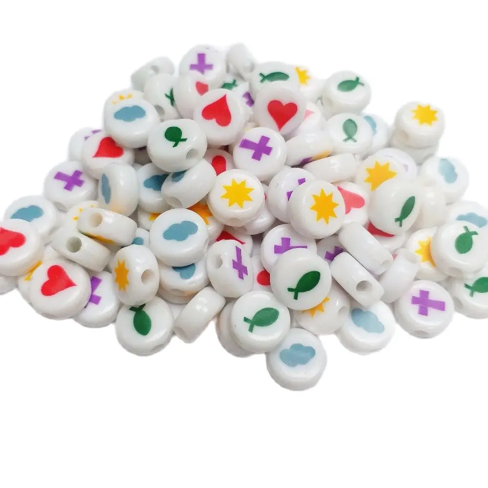

200Pcs 10mm Round Beads CS032 Print Sun Cloud Heart Cross Fish Charm Loose Birthday Party Favor Girl Home Craft Vintage Necklace