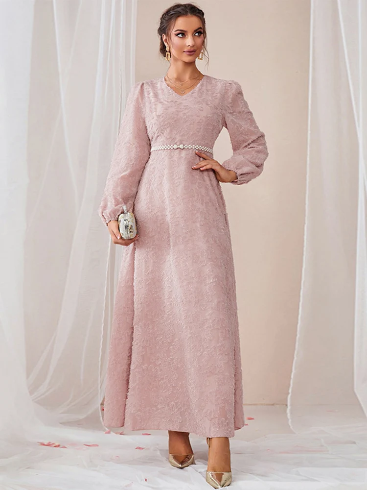 

Women Casual Elegant Maxi Dresses 2023 Spring Autumn Long Sleeve Luxury Embroidery Pearl Belt Turkish Evening Party Robe Vestido