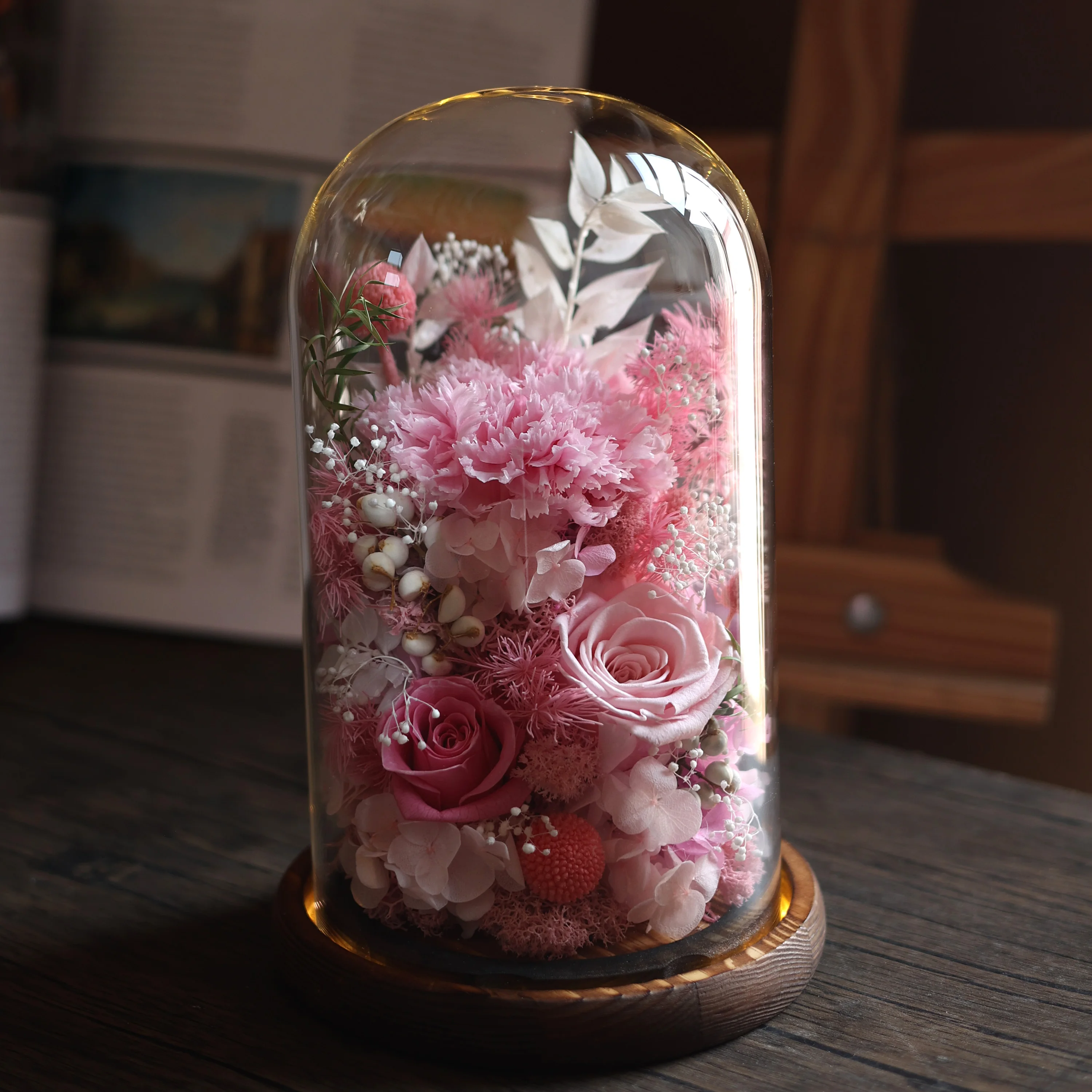 Preserved Real Flowers in Glass Dome, Forever Rose & Carnation with LED Light,Gifts for Her on Birthday,Valentine's/Mother's Day