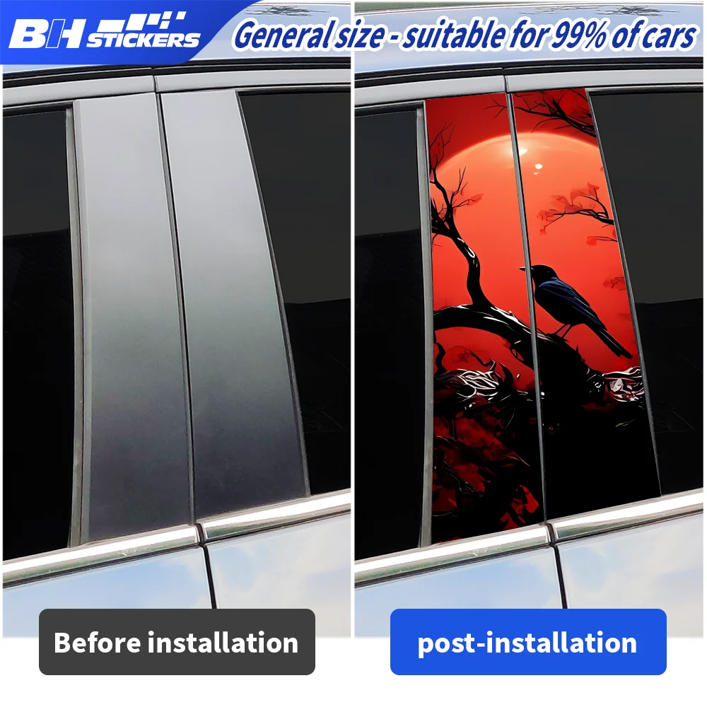 Red Sun Crow Car B Pillar Stickers Vinyl Waterproof Auto Window Decals Gothic Raven Tree Branch Car Body Decor Wrap Film