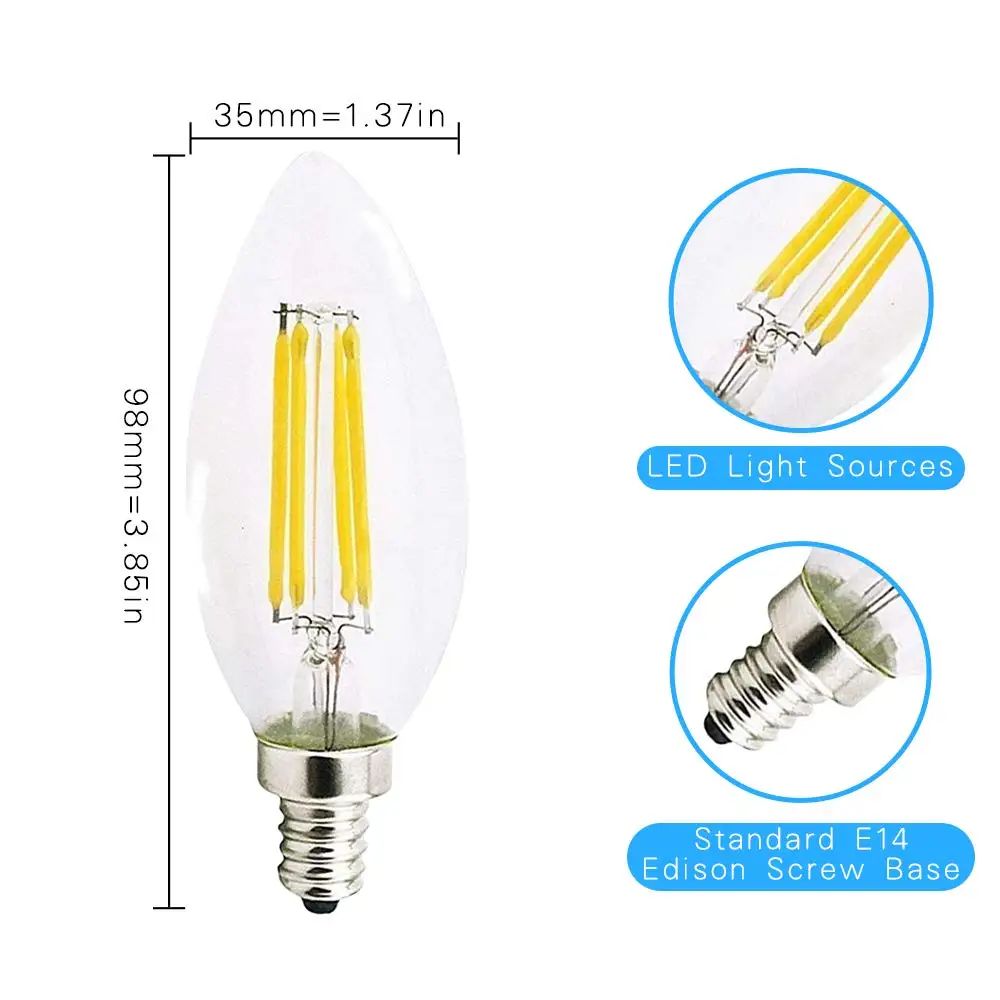 C35 Kerze Led-lampe E14 Kandelaber Basis 4W 6W Dimmbare Edison Glühbirne 2700K Warm Kalt Weiß 6000K Kronleuchter Ersatz Lampe – Detail 3