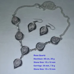 Genuine  Moonstone Rose Quartz Carnelian Amber Opalite Blue Topaz  Necklace + Earings Silver  Overlay Copper