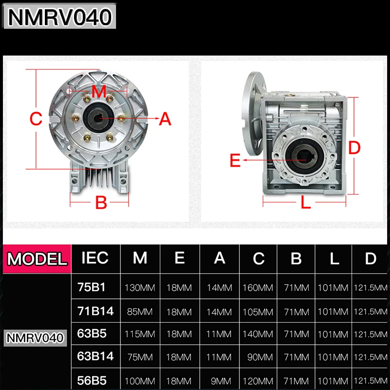 Imagem -06 - Diâmetro mm 11 mm 14 mm da Entrada da Engrenagem do Sem-fim do Redutor do Motor Nmrv040 Relação da Desaceleração 5: a 100: para 0.0kw Aos Motores 0.37kw