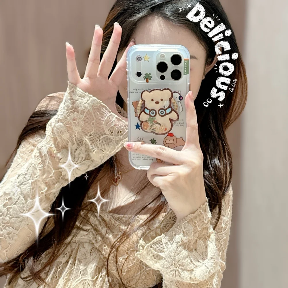 Fashion cute simple bear with for magsafe holder phone case for iPhone 17 16 ProMax 16 15 Pro fundas Korean INS protective cover