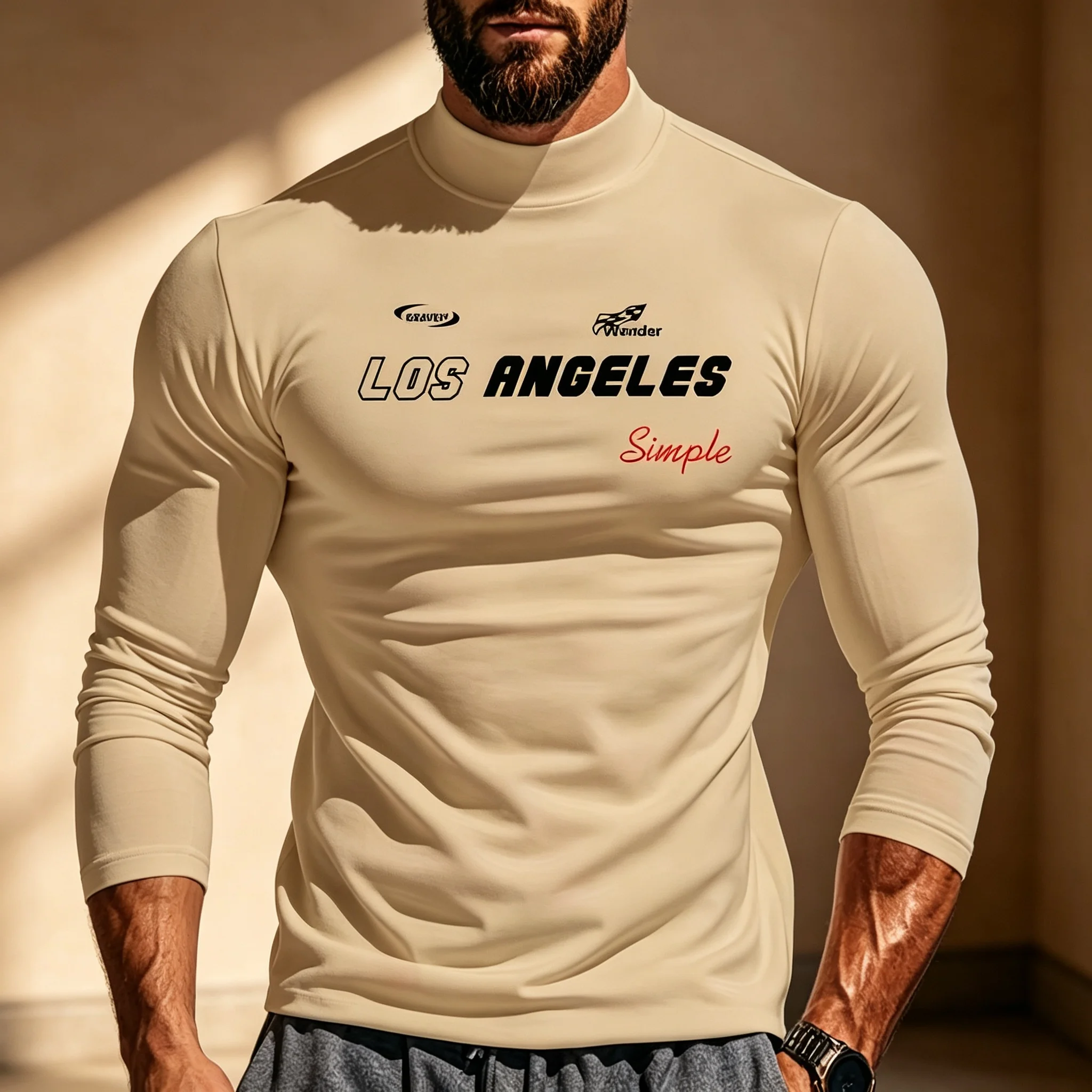 Herren Mock Neck Langarm-Thermoshirts mit Los Angeles-Schriftzug, dehnbar, eng anliegend, als Basisschicht, lässiges warmes Unterhemd für den Herbst. – Detail 11