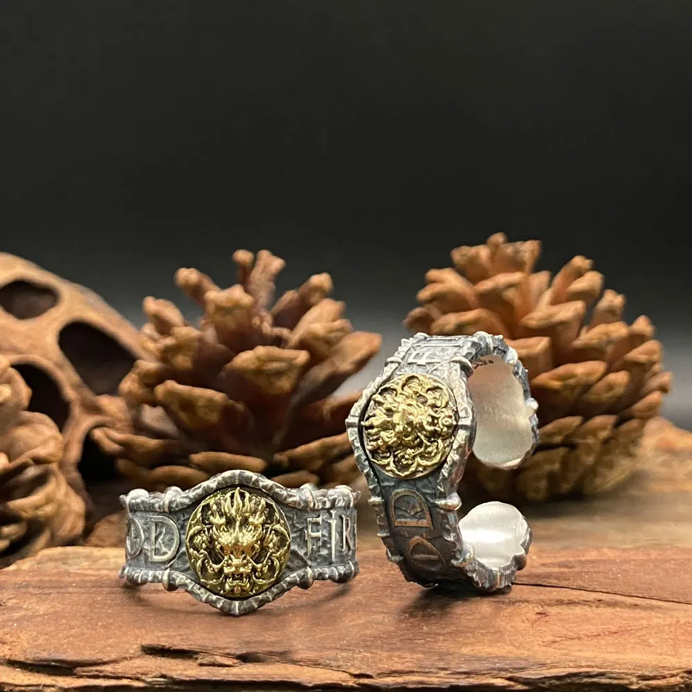 

925 Sterling Silver Copper Inlaid Dragon Head Ring Adjustable Open Band with Dragon's Flame Design Vintage Punk Gothic Statement