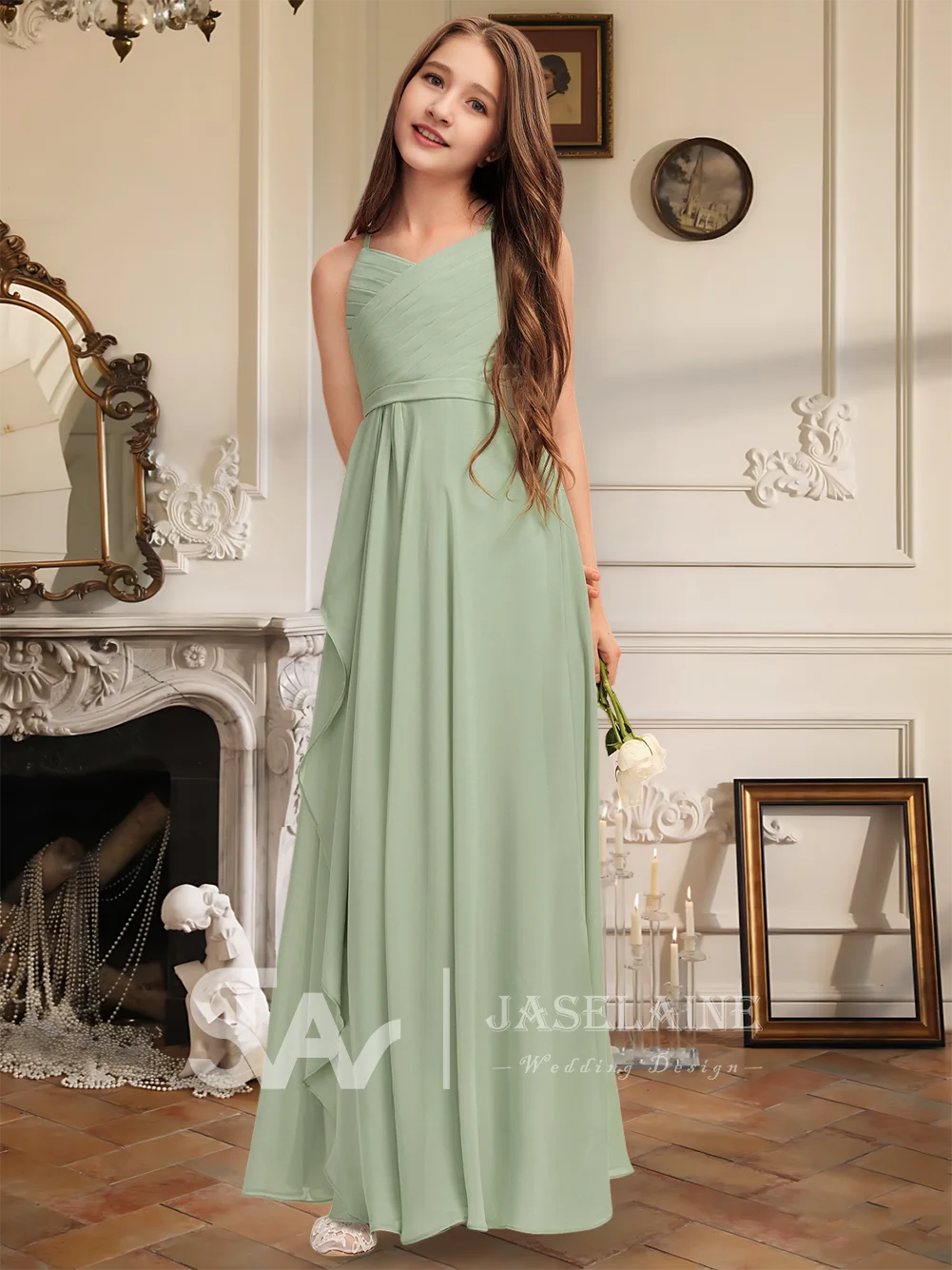 Элегантное шифоновое платье трапециевидной формы с V-образным вырезом длиной до пола и каскадными оборками, платье с цветочным узором для девочек на свадьбу, официальное