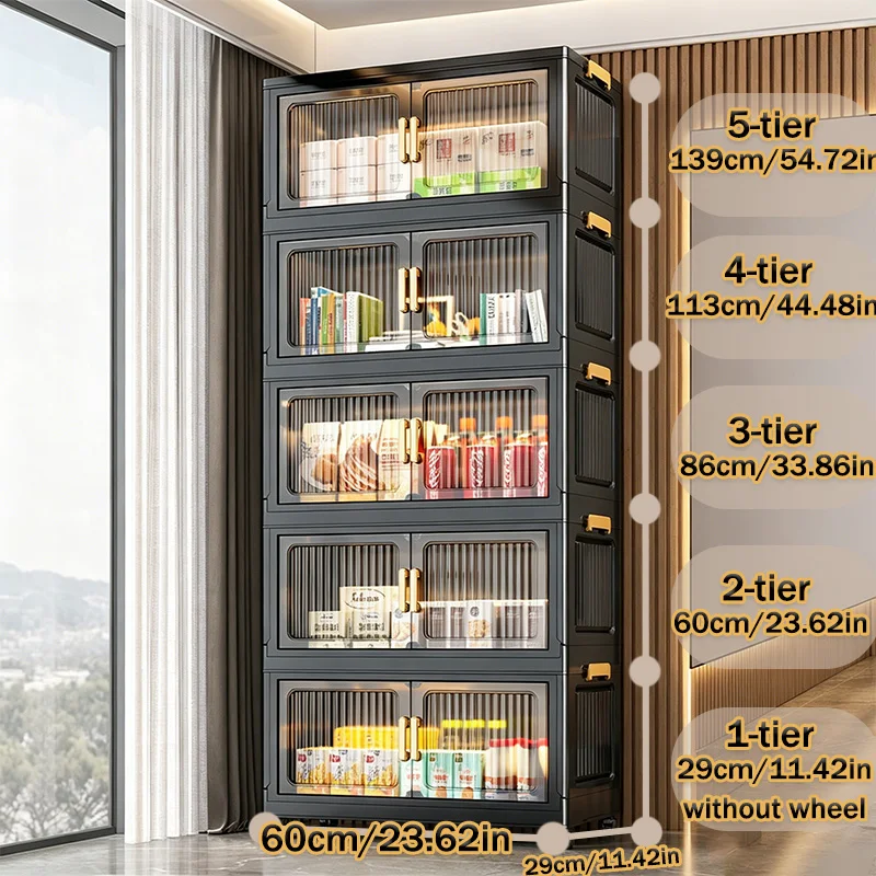 

23.62in Foldable Stackable Rolling Storage Cabinet, Double Clear Door Closet Organizer with Lockable Casters, Large Capacity Storage Bin for Bedroom Kitchen Pantry, Black