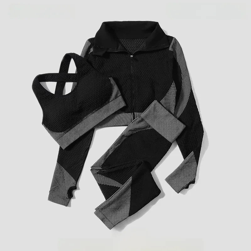 2/3Pcs Damski strój do jogi Bezszwowe dzianinowe spodnie do jogi Legginsy Odzież Zamek błyskawiczny Długi rękaw Crop Top Odzież fitness Odzież sportowa Zestaw gimnastyczny — zdjęcie 2