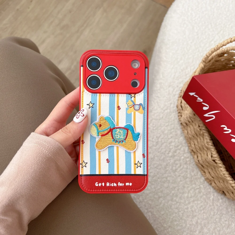 Casing ponsel seri kuda poni berbahan kulit lucu dengan bordir garis-garis, cocok untuk iPhone14/15/16/17 Pro Max, casing pelindung baru