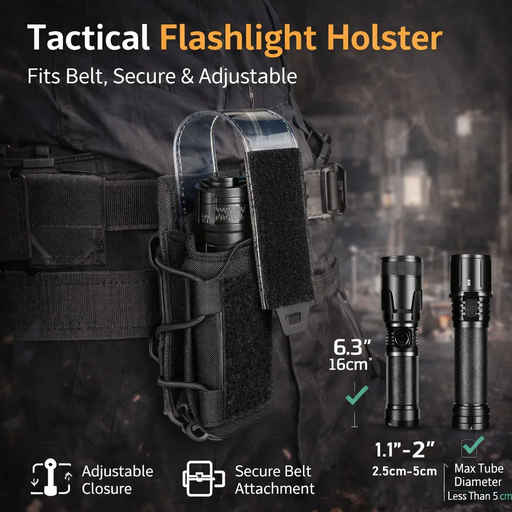 

Tactical Flashlight Pouch Holster, with 360 Degree Carabiner Reel Clip Belt Clip Torch Carry Case for Outdoor Hunting Gear