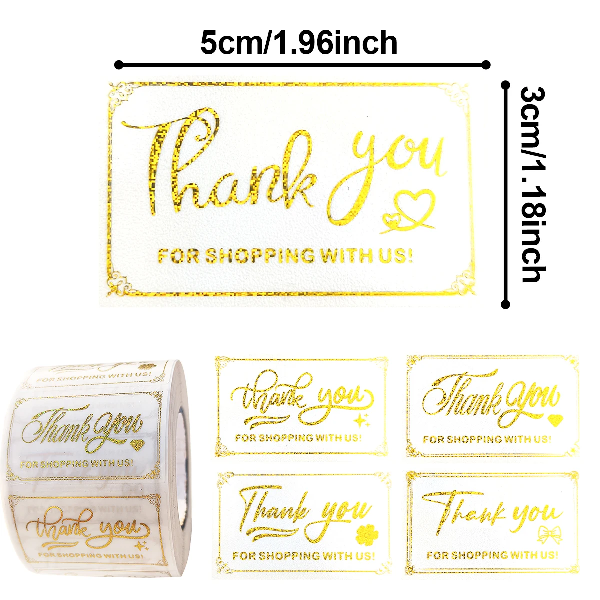 500 Pcs Thank You Stickers Roll – 5×3 cm Rectangular Adhesive Labels with Foil Effect for Gift Bags, Boxes & Business Packaging