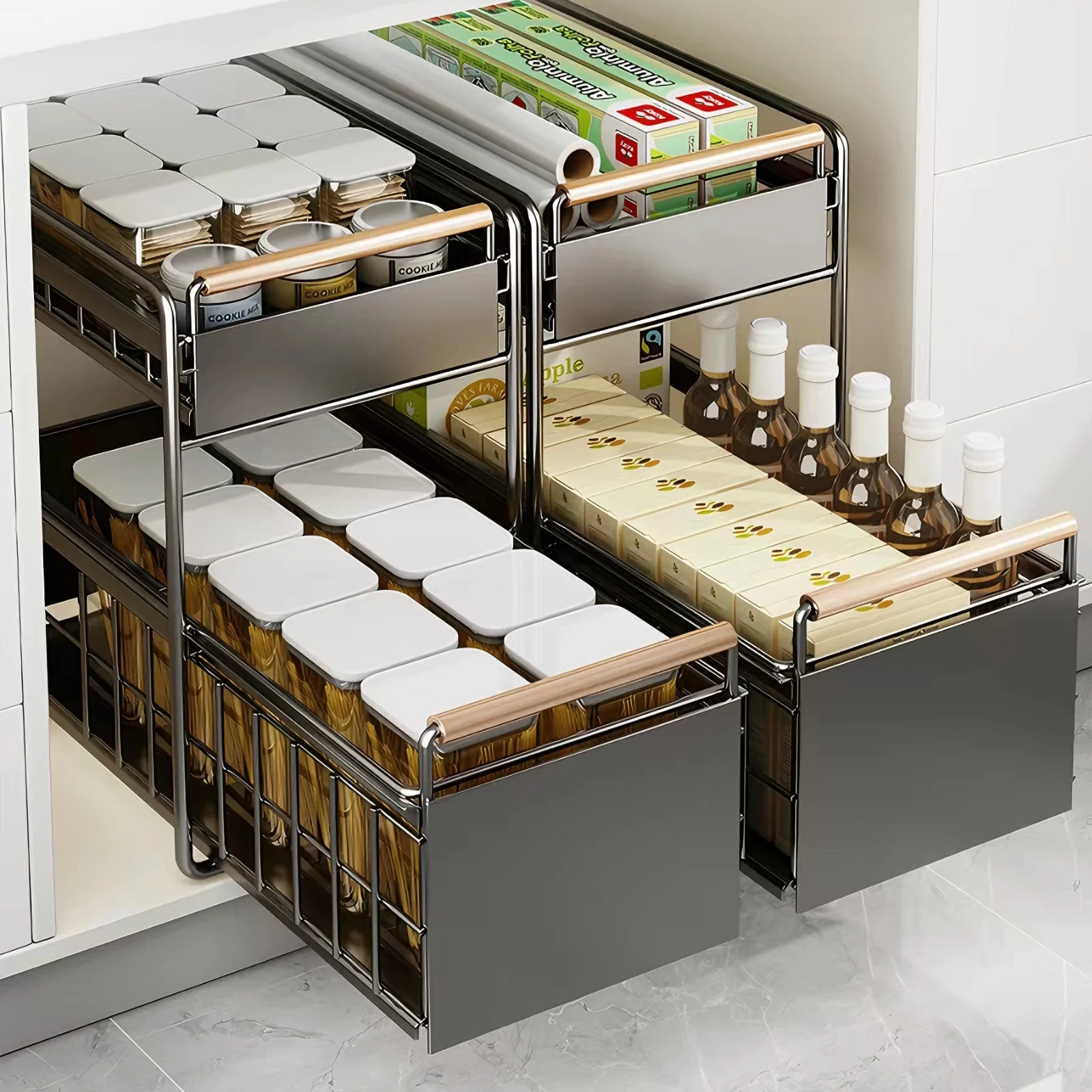 Étagère de rangement de cuisine coulissante, organisateur de placard, tiroirs de rangement, plateaux pour bouteilles d'assaisonnement et épices, organisateur de cuisine