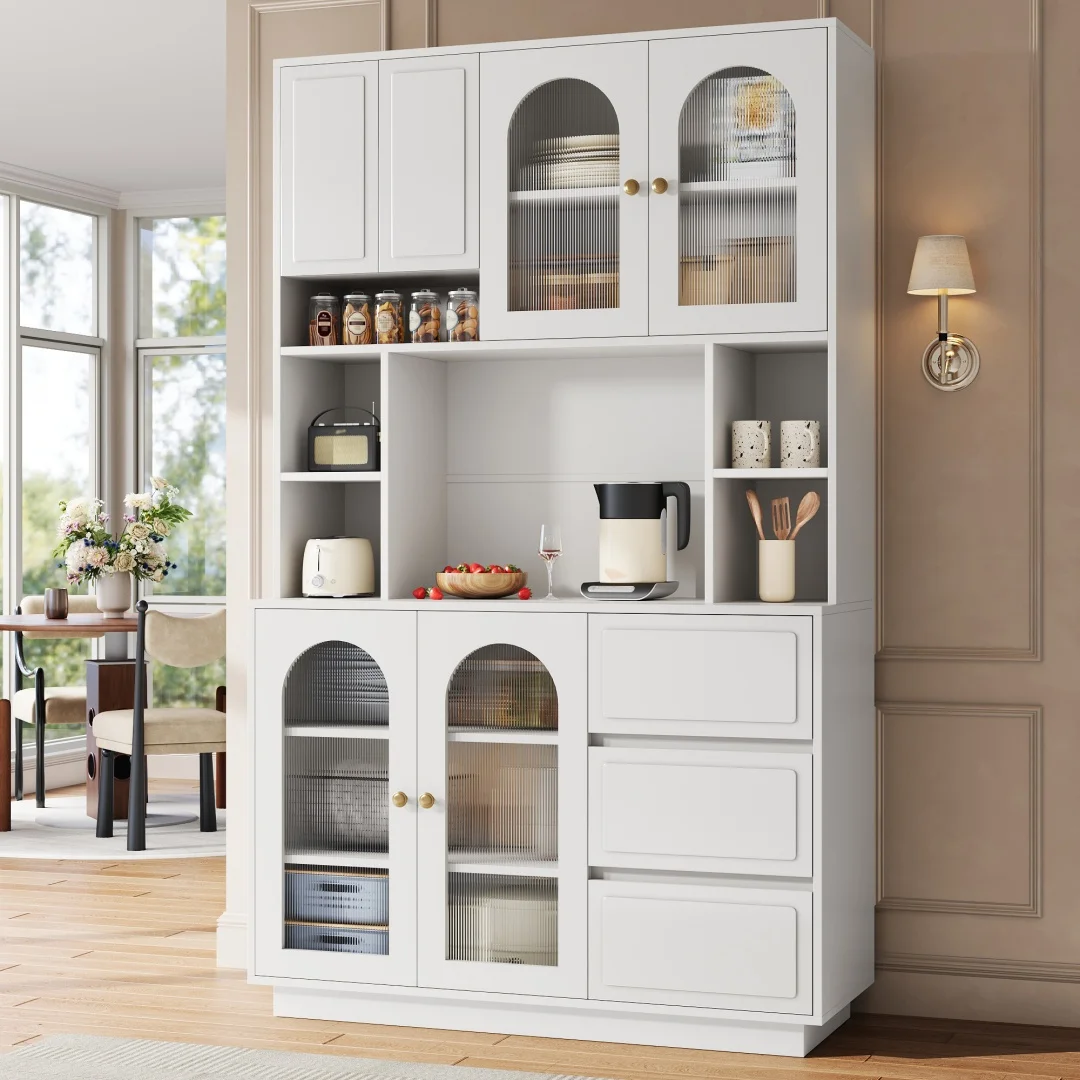 Buffet haut de rangement avec portes en acrylique cintrées, éclairage LED à changement de couleur contrôlable par application, compartiments ouverts, meuble bar pour cuisine et salon