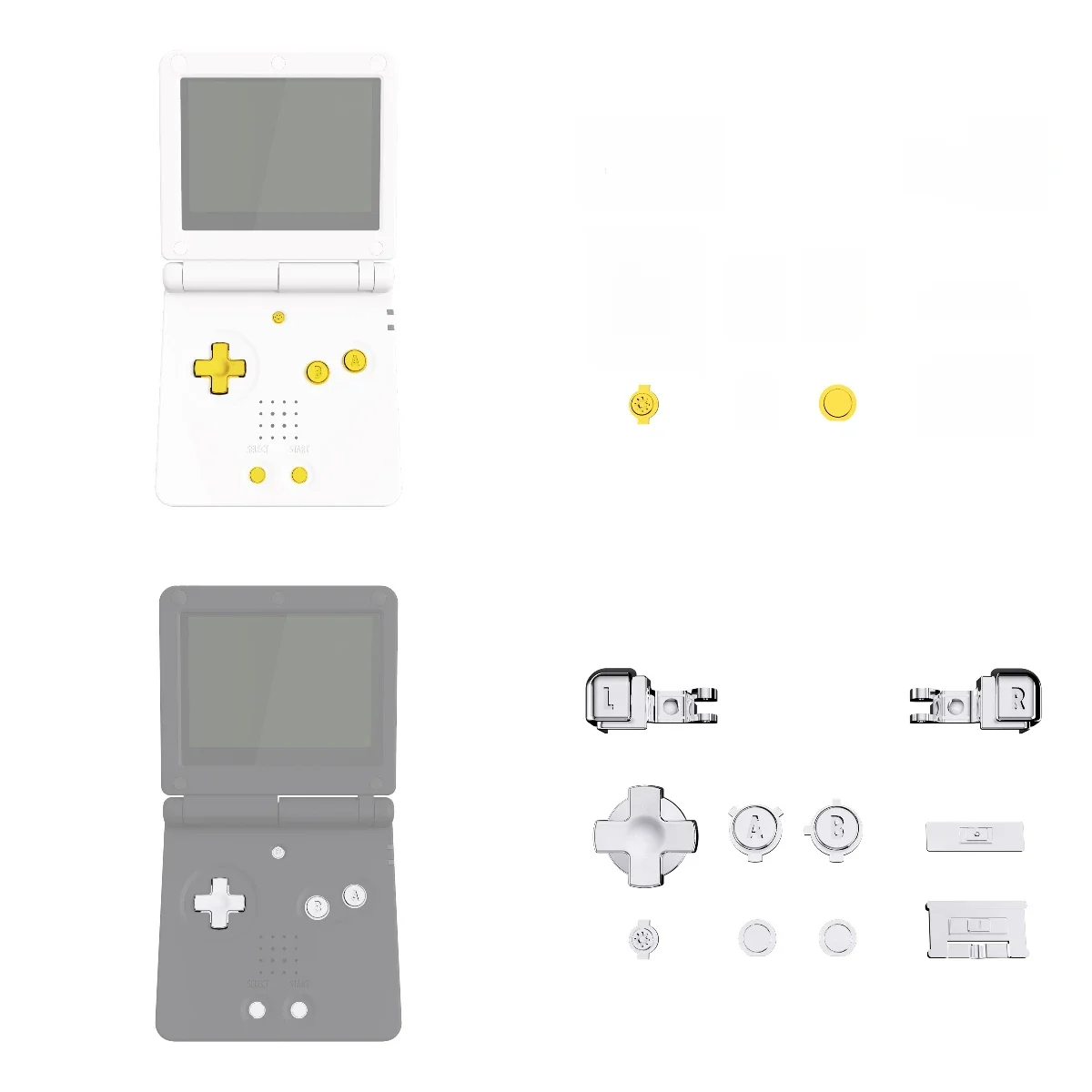 eXtremeRate Chrome Gold & Chrome Silver Pełny zestaw przycisków, przycisk A B L R Przycisk włączania i wyłączania głośności Przycisk D-pad do konsoli GBA SP — zdjęcie produktu 7
