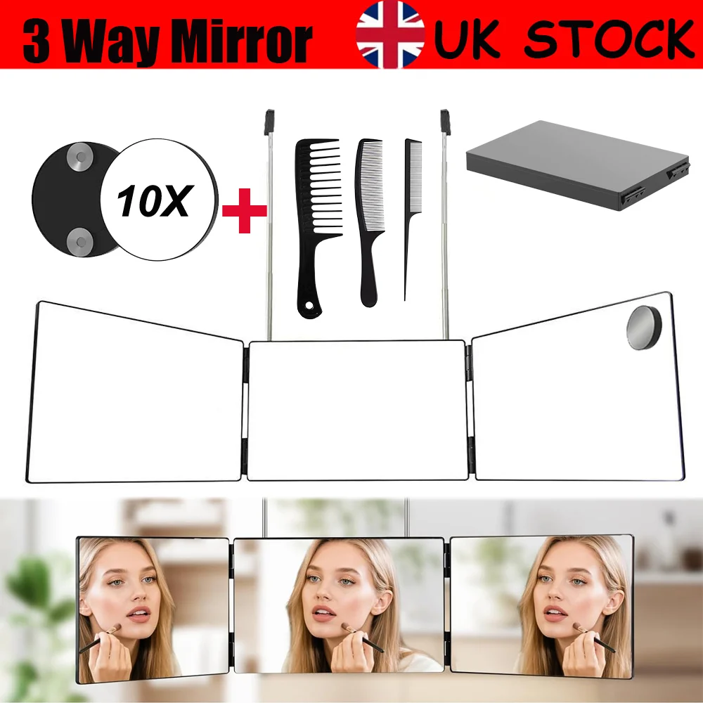 3 Way Compact Mirror for Self Hair Cutting Portable Trifold Cosmetic Mirror Makeup Vanity Mirror for Men and Women Folding Black