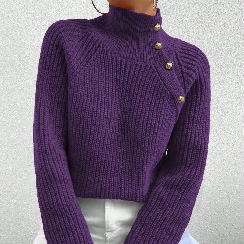 High Neck Metal Button Cropped Knit Sweater Raglan Long Sleeve Slim Top For Casual Outdoor Party Wear