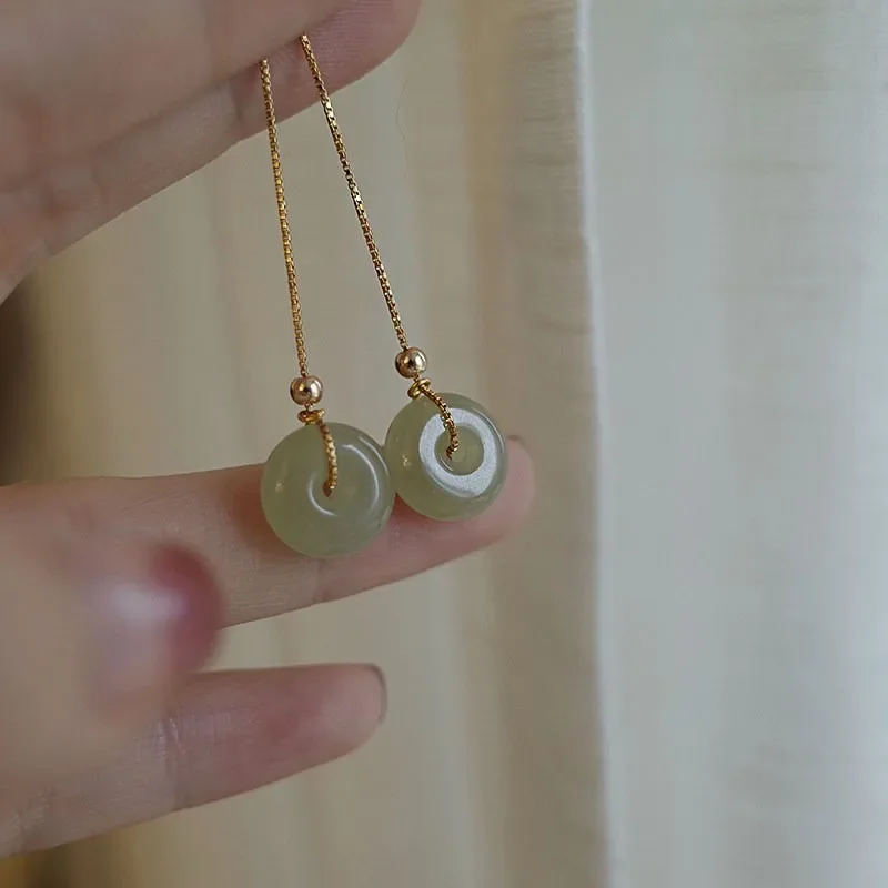 Buyee 925 Sterling Silver długi zwisający kolczyk 10MM okrągły jadeitowy kamień kolczyk dla kobiety moda złoty piękna biżuteria kolczyk — zdjęcie 2
