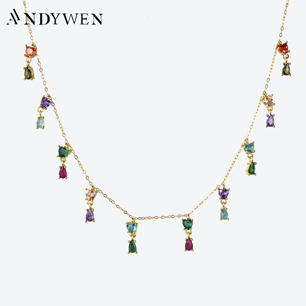 

ANDYWEN 925 Sterling Silver Gold Colorful Zircon CZ Charm Pendant Choker Luxury Women Party Wedding Jewelry Colorful Rainbow