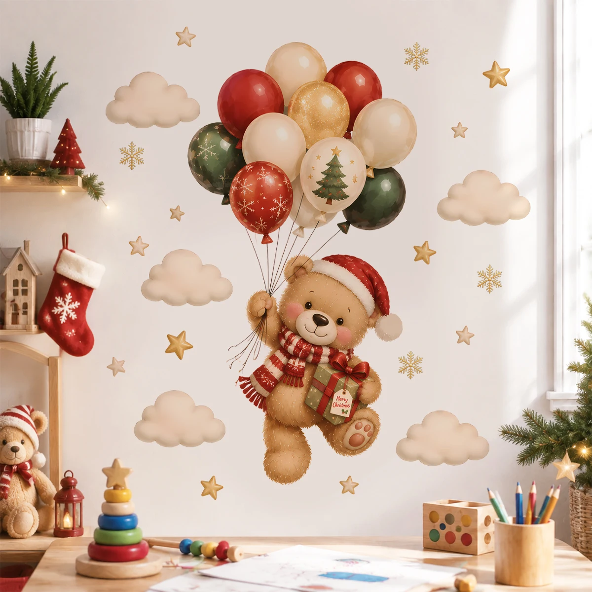 Christmas Teddy Bear Wall Decal Cute Bear Balloon Wall Sticker Xmas Holiday Home Decor Kids Room Nursery Bedroom Removable