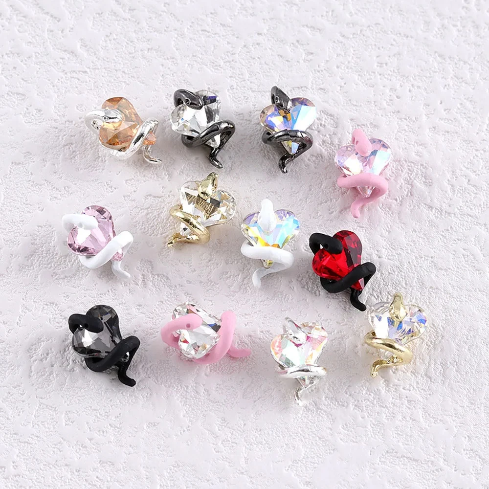 10Pcs Snake Hover Crooked Heart Nail Art Charms 3D Alloy Snake Twists Around Crystal Nail Decoration Luxury DIY Nail Accessories