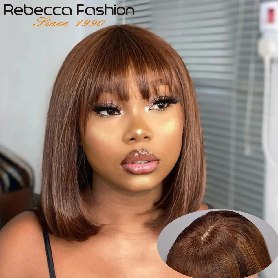 Put On And Go Easy Part Human Hair Bob Lace Straight Wigs With Bangs Glueless Middle Part Bangs Wigs Brazilian Remy Hair Wigs