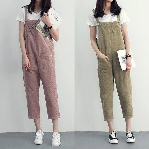 Corduroy big size women overroll summer jumpback suspenders pants