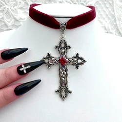 Goth Aesthetic Cross Red Velvet Choker Cross Pendant Necklace For Women Cute Chains grunge Choker collar indie collier Jewelry