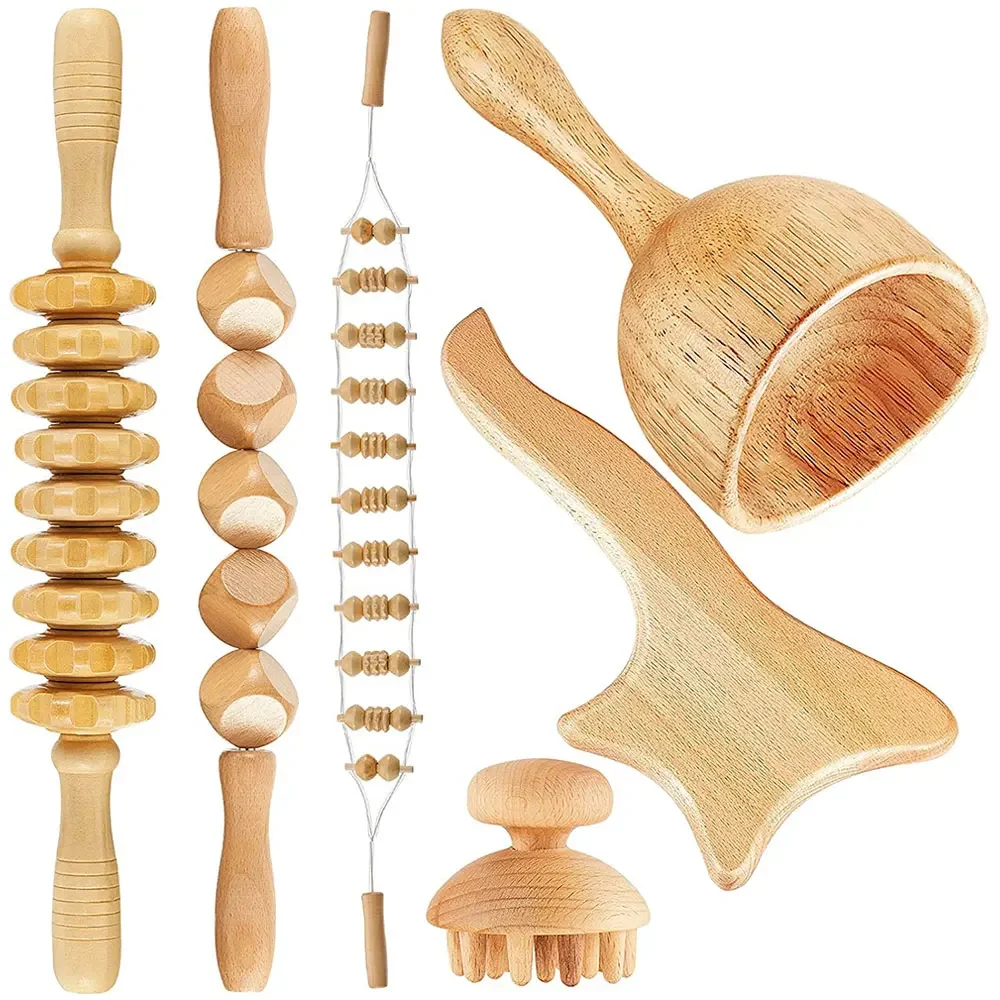 6 In 1 Hout Therapie Massage Tool Lymfedrainage Massager Anti Cellulite Fascia Massage Roller voor Full Body Spier relaxatio - afbeelding 2