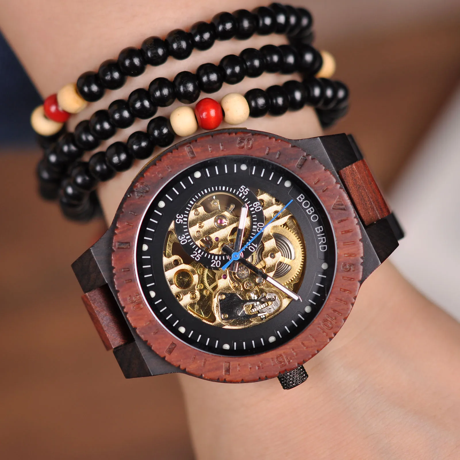 BOBO BIRD Fashion Men Mechanical Watch Wooden Case Band Dial Luminous Pointer Design Man Wristwatch with Bracelet Gift Box New Local Delivery