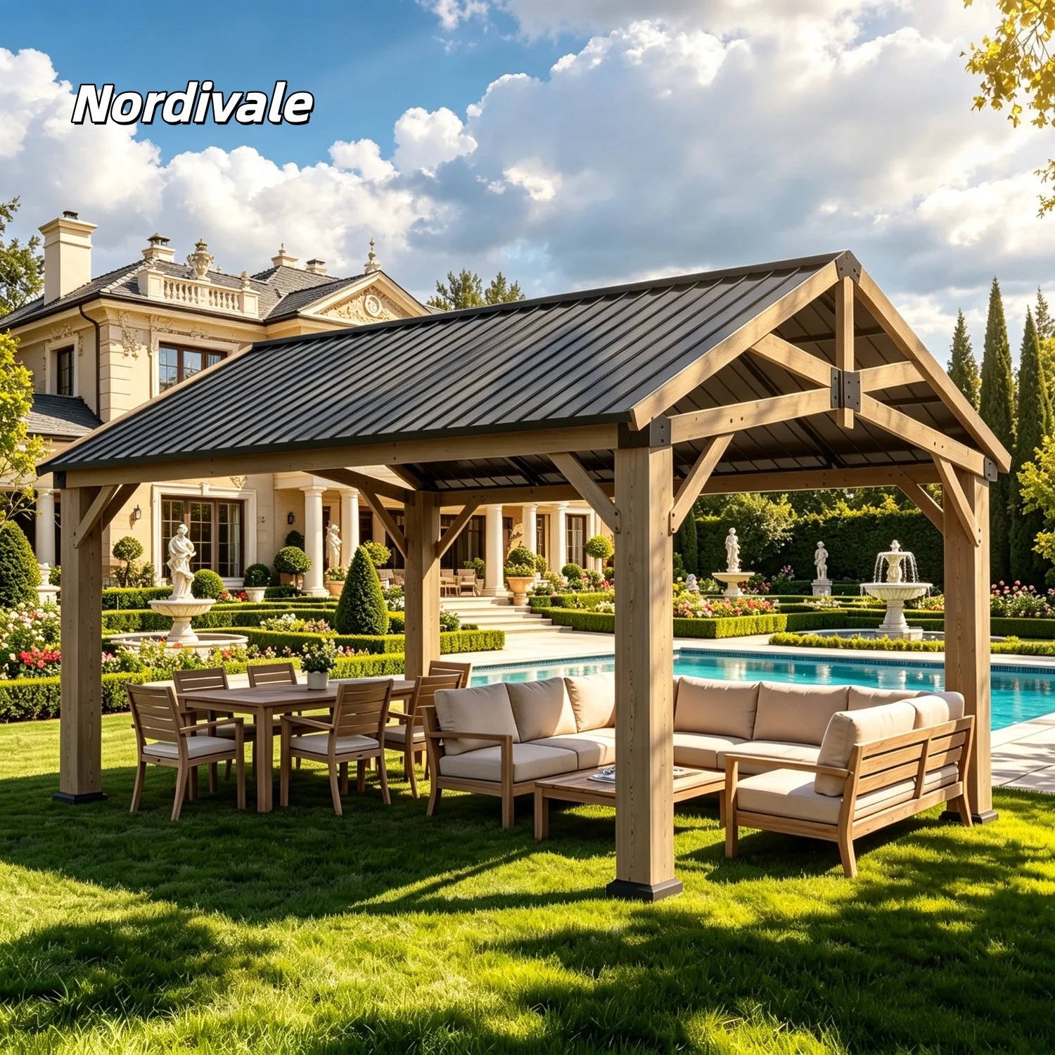 Nordivale 14x12FT Outdoor Wood Gazebo Hardtop Permanent Wooden Pavilion with Galvanized Steel Gable Roof Cedar Wood for Patio Garden Backyard