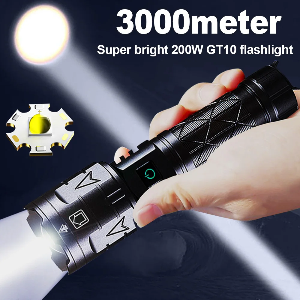 200watts Most Powerful LED Flashlight 1000000LM Type-c Rechargeable Torch Light 3000Meter High Power Flashlights Tactical Lanten