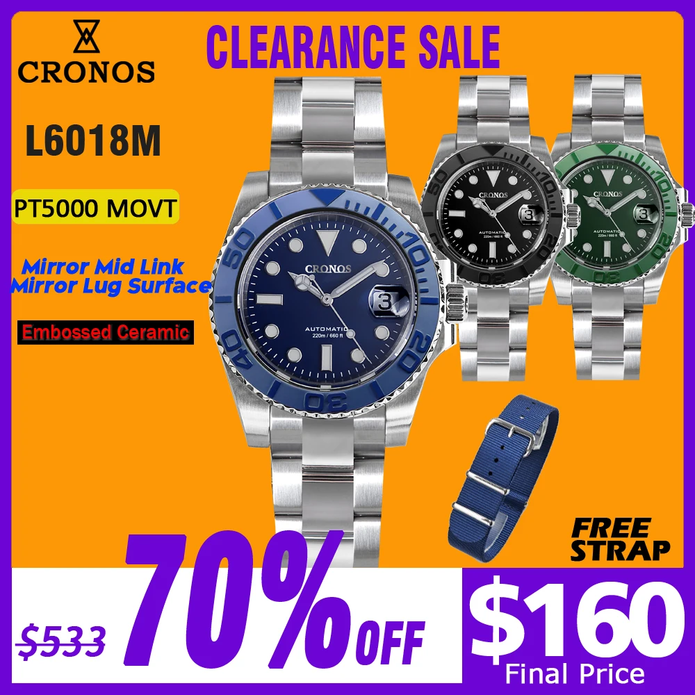 

Cronos Sub Diver Men Watch Stainless Steel PT5000 Bracelet Ceramic Bezel 200 meters Water Resistant L6018